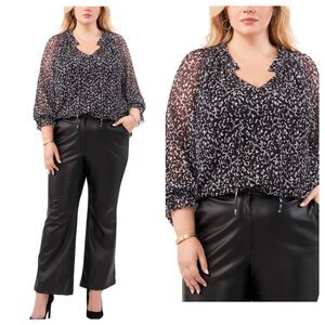 NEW Vince Camuto Women's Plus Size Printed Mesh Pleated Blouse Black, White 3X